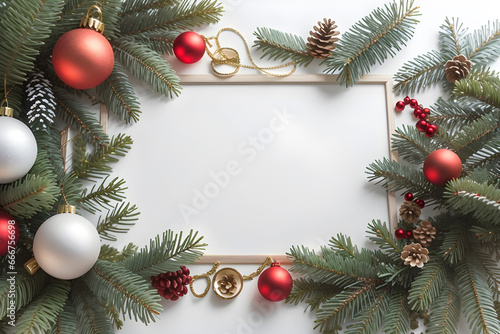 Christmas design. New Year's composition with a Christmas tree, balls, snow and garlands. Winter poster with empty space for text. Ai.