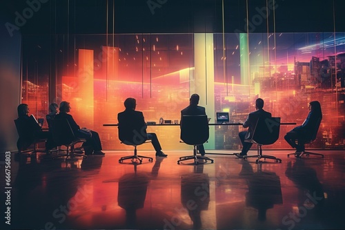 a business meeting room with silhouette of people in chairs 