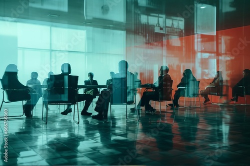 a business meeting room with silhouette of people in chairs 