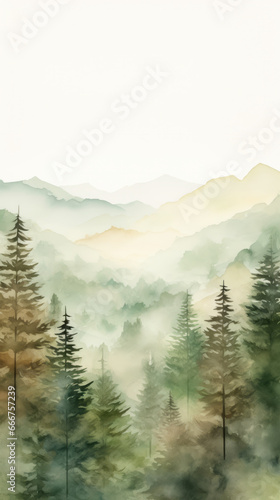 A majestic landscape painting capturing the beauty of a forest and distant mountains