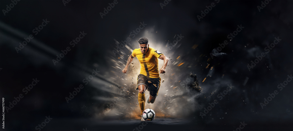 football or soccer player running fast and kicking a ball while training at dramatic stadium shot, dynamic active pose of skill development success in sports championship wide banner - obrazy, fototapety, plakaty 