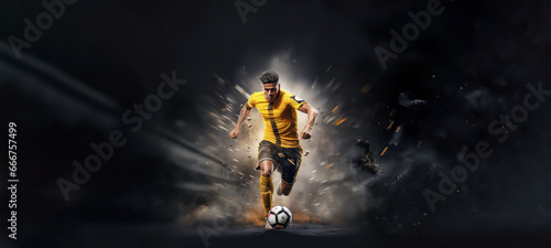 football or soccer player running fast and kicking a ball while training at dramatic stadium shot, dynamic active pose of skill development success in sports championship wide banner © sizsus