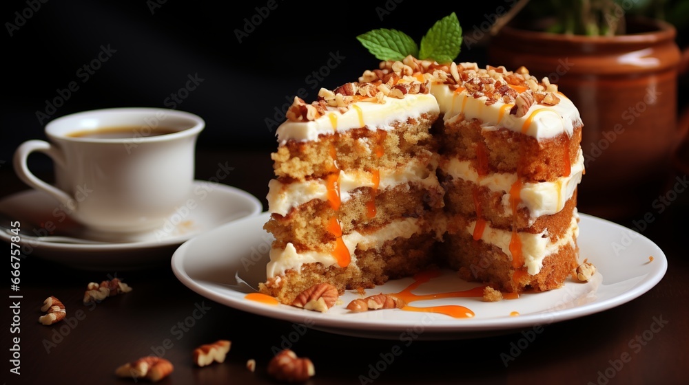 Carrot cake, filled with white cream and syrup, with chestnuts and mint, sliced, with coffee Carrot cake, filled with white cream and syrup, with chestnuts and mint, sliced, with coffee