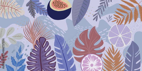 Colorful background with tropical plants. Place for your text.Pattern with tropical leaves. 