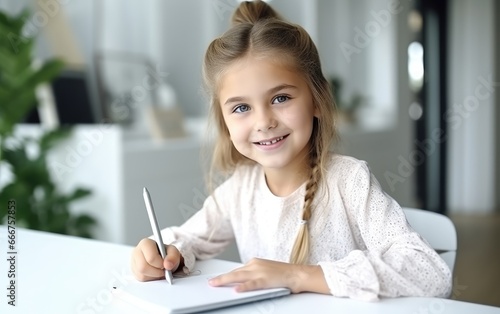A smiling child girl is wri...