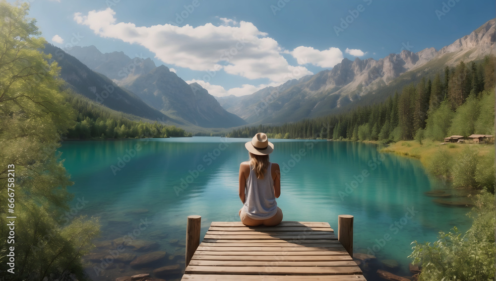 a woman sits on a pier on a mountain lake