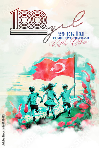 Ankara Turkey-29 October 1923. Translation:100th anniversary of the Republic-29 October Turkish Republic Day, Happy Celebration illustration (Turkish: 29 Ekim Cumhuriyet Bayramı Kutlu Olsun)
