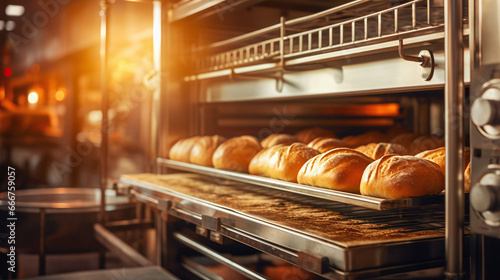 Baking tray with freshly baked rolls in an industrial oven