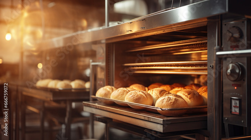 Baking tray with freshly baked rolls in an industrial oven photo