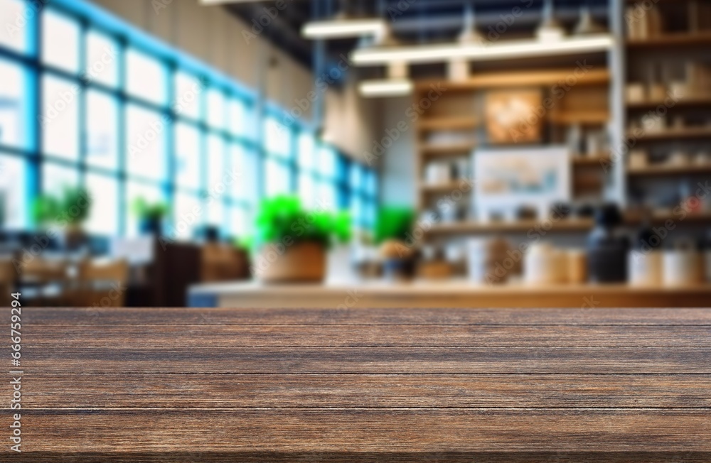 Empty blank wood table with bar interior background, AI generated image Empty blank wood table with bar interior background, AI generated image