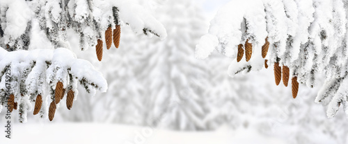 Branches with cones of christmas tree ( spruce ) covered of snow in winter on blur white snow forest background with space for text