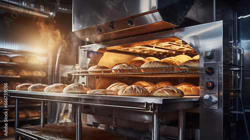 Baking tray with freshly baked rolls in an industrial oven photo