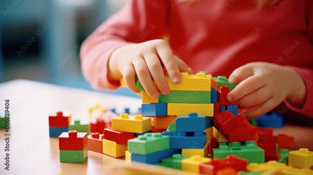 a young child's hands playing with of colorful building blocks a young child's hands playing with of colorful building blocks