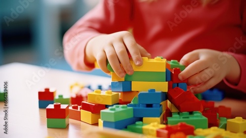 a young child's hands playing with of colorful building blocks