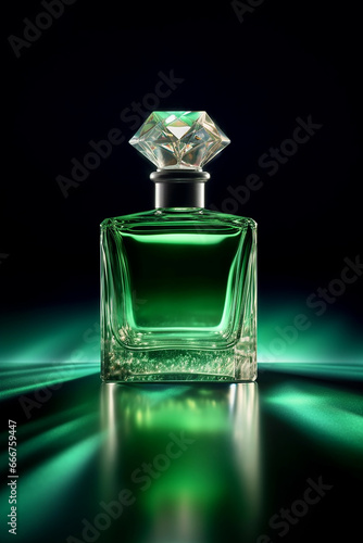 A photo of a emerald green perfume with soft aroma and fragrance, fashion beauty product