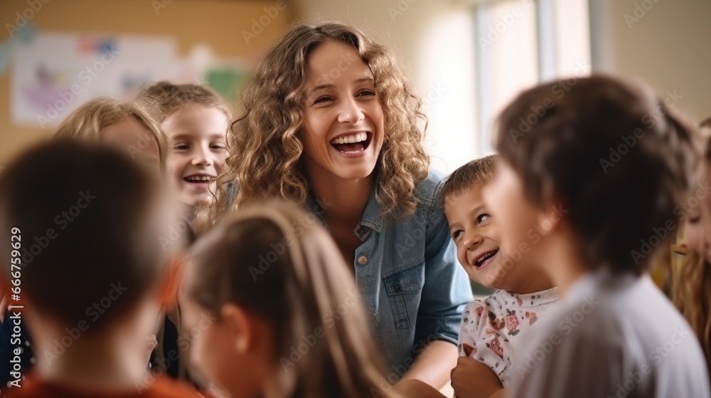 A Joyous Scene: Smiling Children and Teacher in a Classroom A Joyous Scene: Smiling Children and Teacher in a Classroom