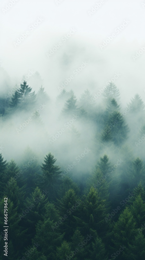 A top view of a forest with a white fog rolling over the treetops.