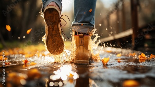 woman in rain boots jumping into a puddle
