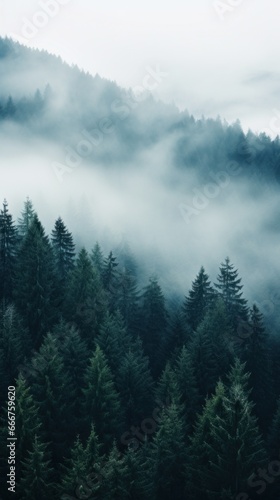 A high angle shot of a forest with a white fog covering © olegganko