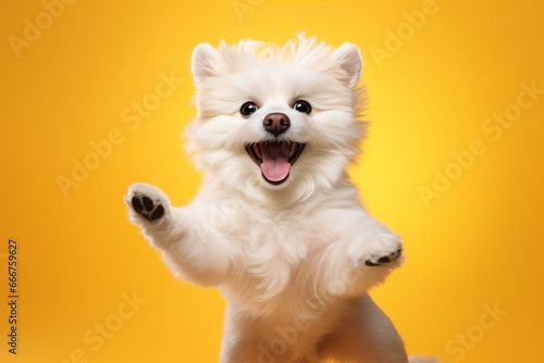 fluffy white dog jumping up on a yellow background © olegganko