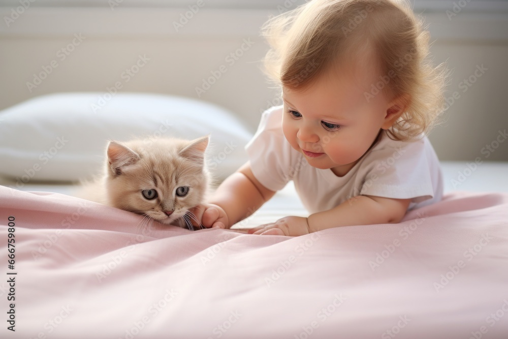 baby and kitten playing with cat on the blanket baby and kitten playing with cat on the blanket