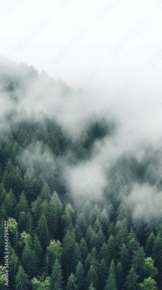 A top view of a forest with a white fog rolling over the treetops.