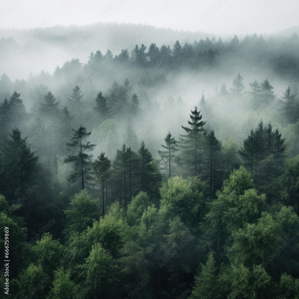 A high angle shot of a forest with a white fog covering