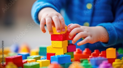 a young child's hands playing with of colorful building blocks