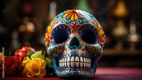 colorful skull with a red rose Mexico Day of the death