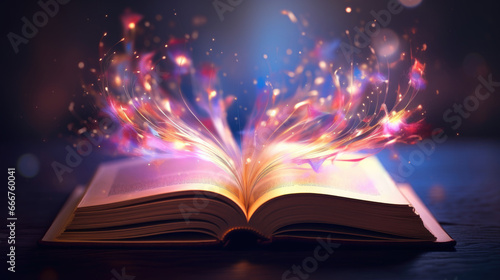 magic open book with glowing sparkling lights, pink