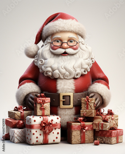 a 3d santa Claus with some gift boxs on transparent white background