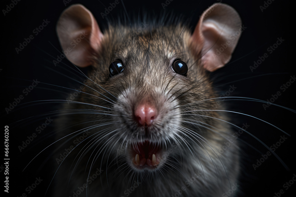 Cute mouse looking at camera. Portrait of rodent, close up