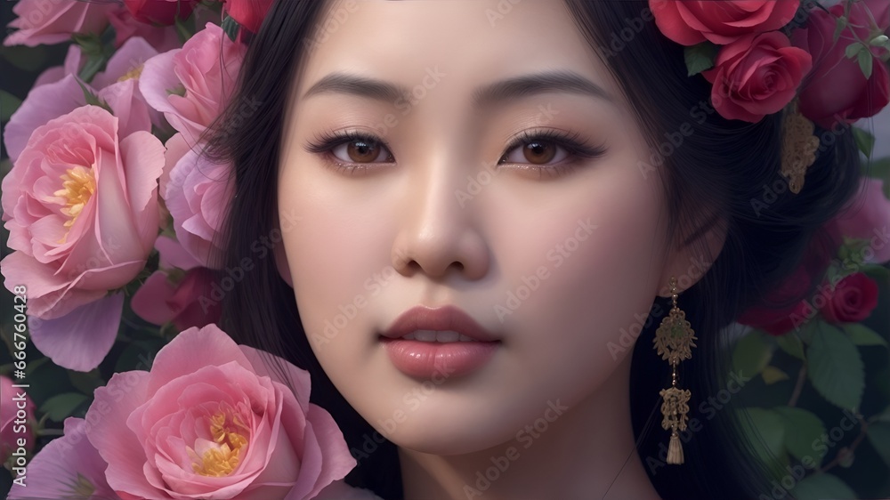 asian woman with pink roses