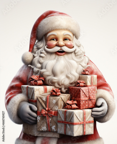 a 3d santa Claus with some gift boxs on transparent white background