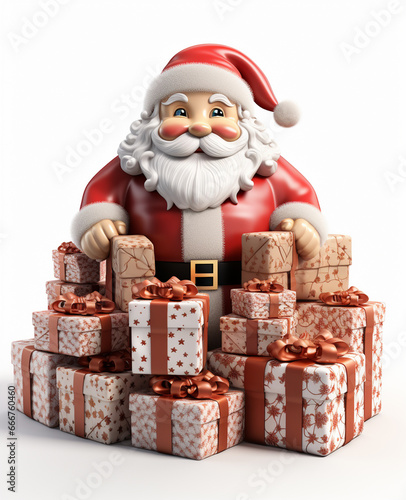 a 3d santa Claus with some gift boxs on transparent white background