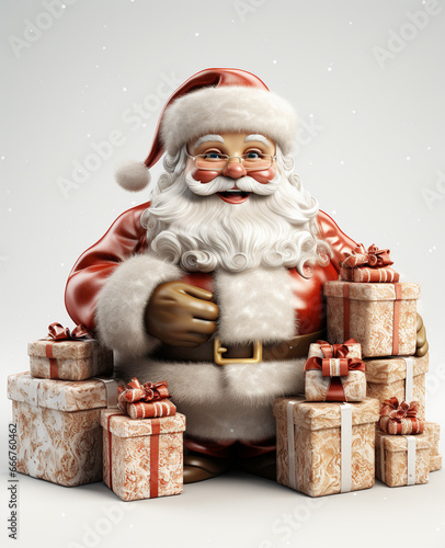 a 3d santa Claus with some gift boxs on transparent white background