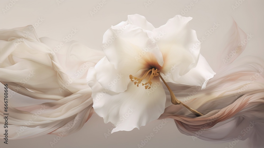 Fototapeta premium Close-up of white hibiscus or mallow flower on the background of wavy dynamic fabric structure in beige colors. Natural background. Digital art. Illustration for cover, card, postcard, interior design