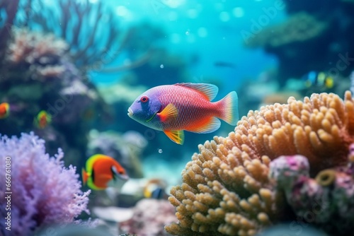 Close-up fish on coral with other corals and blurry background, a blurry sea animal in foreground. Generative AI