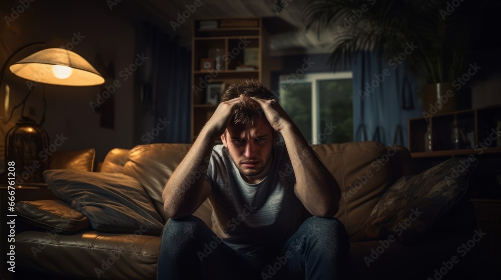 Fototapeta premium Frustrated boy on the couch covering his head
