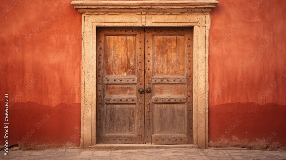 The dilapidated wall of the building and the wooden door require major repairs. Facade of a house with damaged plaster. Photophone for retro shooting. Illustration for cover, card, interior design.