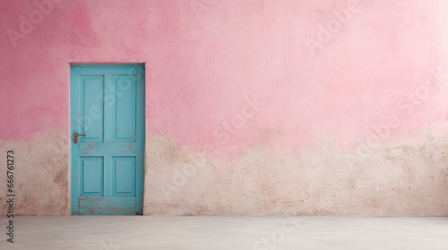 The dilapidated wall of the building and the wooden door require major repairs. Facade of a house with damaged plaster. Photophone for retro shooting. Illustration for cover, card, interior design. © Login