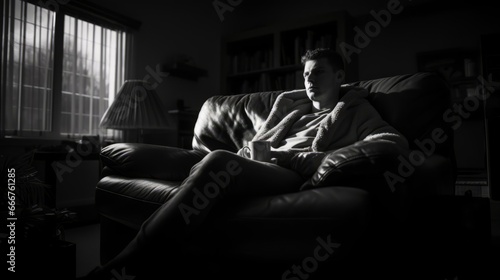 Sad man in his living room with a coffee. Black and white image