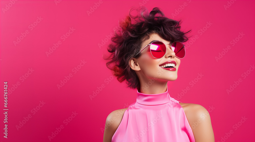 A fashion-forward woman wearing magenta lipstick and pink sunglasses smiles coyly against a red pink wall, her neck adorned with a statement piece as she exudes confidence and style