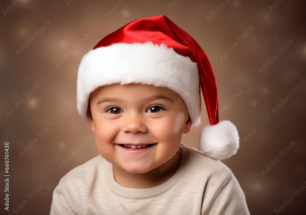 Little boy in a Santa Claus hat on a brown background. New Year and Christmas concept. Little boy in a Santa Claus hat on a brown background. New Year and Christmas concept.
