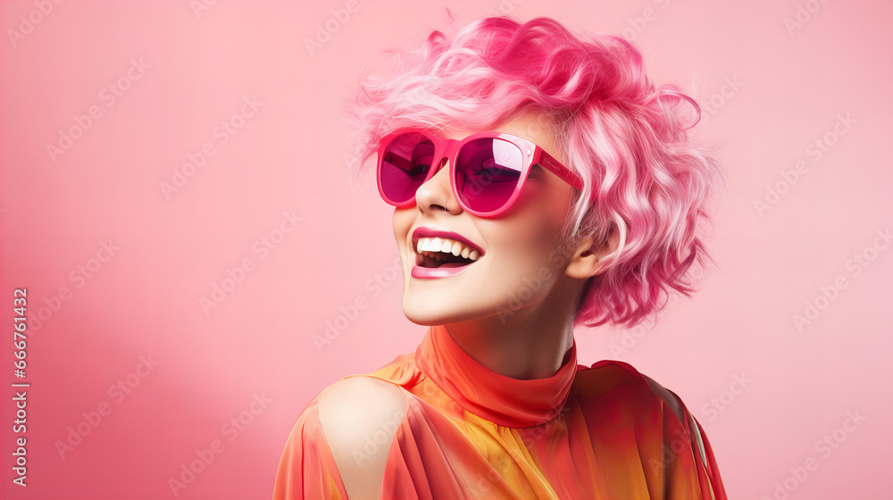 A vibrant and confident woman sporting a bold pink hairpiece and stylish sunglasses flashes a bright red lipstick smile in her portrait, exuding a sense of playful rebellion through her unique clothi A vibrant and confident woman sporting a bold pink hairpiece and stylish sunglasses flashes a bright red lipstick smile in her portrait, exuding a sense of playful rebellion through her unique clothi