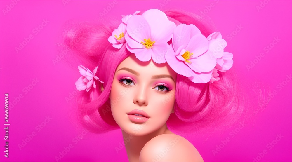 Abstract woman portrait with flowers over head on pink background, fantasy in style Barbie Pink. Concept of environmental friendliness and naturalness of cosmetic products. Banner. Abstract woman portrait with flowers over head on pink background, fantasy in style Barbie Pink. Concept of environmental friendliness and naturalness of cosmetic products. Banner.