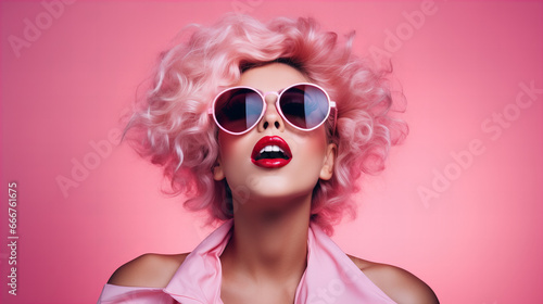 A woman wearing pink sunglasses and smiling  with a vibrant pink hairpiece and bold lipstick strikes a pose in her statement sunglasses, exuding confidence and embracing her unique sense of style photo