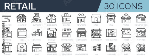 Set of 30 outline icons related to retail. Linear icon collection. Editable stroke. Vector illustration