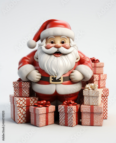 a 3d santa Claus with some gift boxs on transparent white background