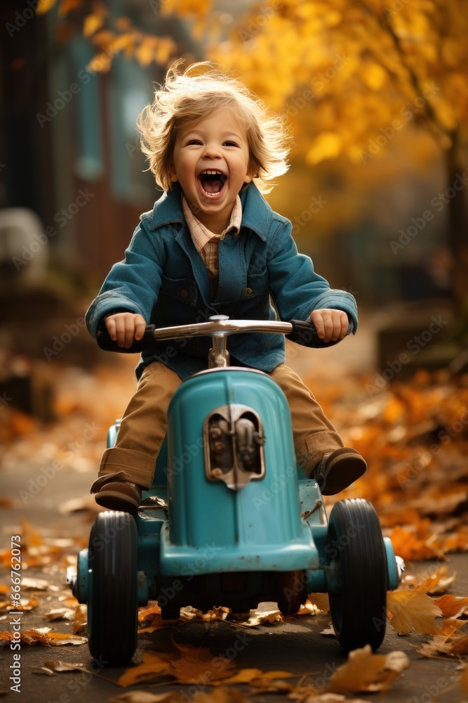 a young child riding a little car through the leaves in the fall